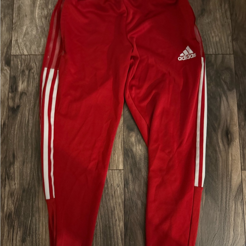 Adidas Mens Red Joggers with White Stripes